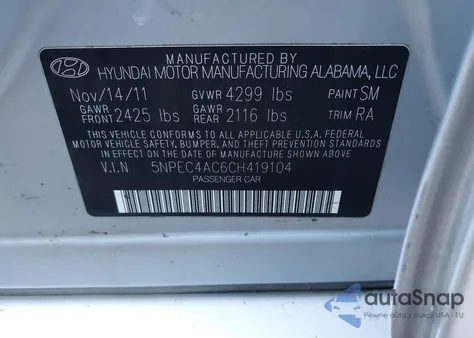 2012 Hyundai Sonata Se z USA, uszkodzony, nr VIN 5NPEC4AC6CH419104